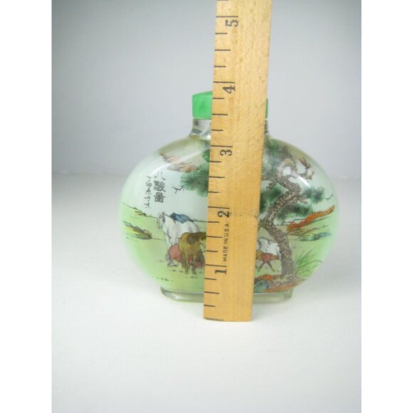 Hand Painted Chinese Reverse Glass Snuff Bottle Cap Box Farm Horses Landscape - Picture 3 of 16